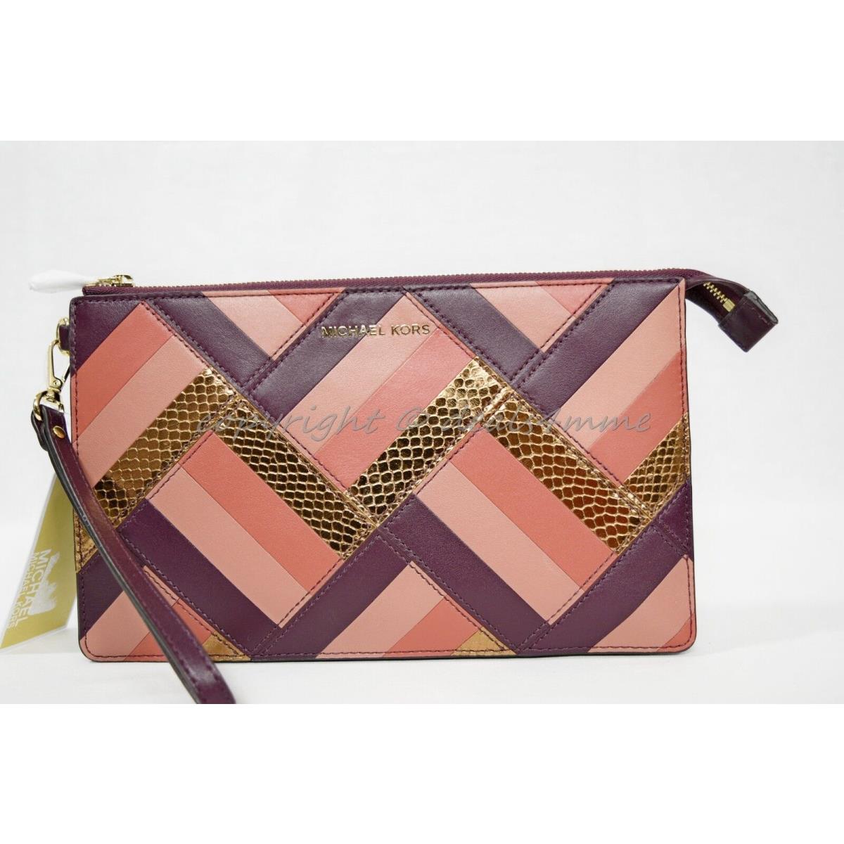 Michael Kors Marquertry Patchwork Daniela Leather Clutch / Wristlet in Plum