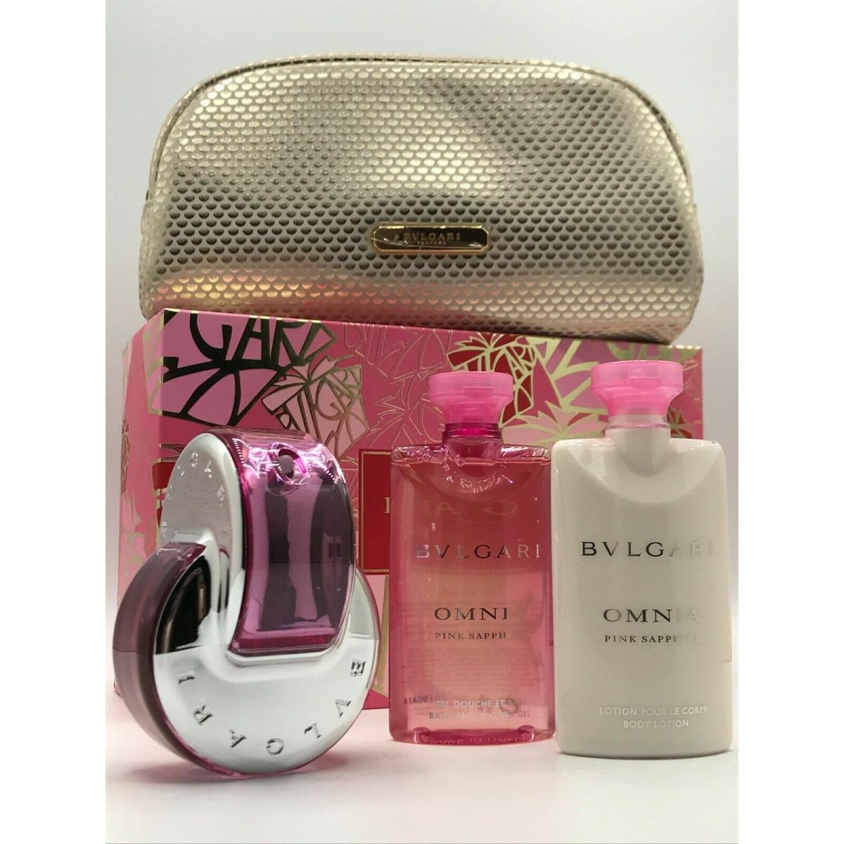 Bvlgari Omnia Pink Sapphire 4pc Set Perfume Spray 2.2 oz Lotion Shower Gel Bag