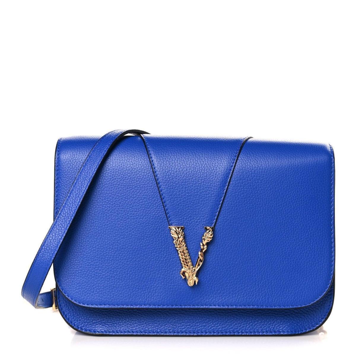 Versace Textured Calfskin Virtus V Chain Crossbody Bag Blue