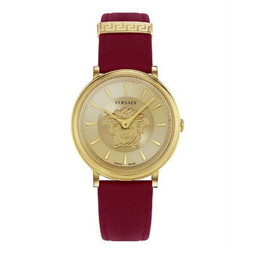 Versace Womens V-circle Gold 38mm Strap Fashion Watch - Dial: Gold, Band: Red, Bezel: Gold