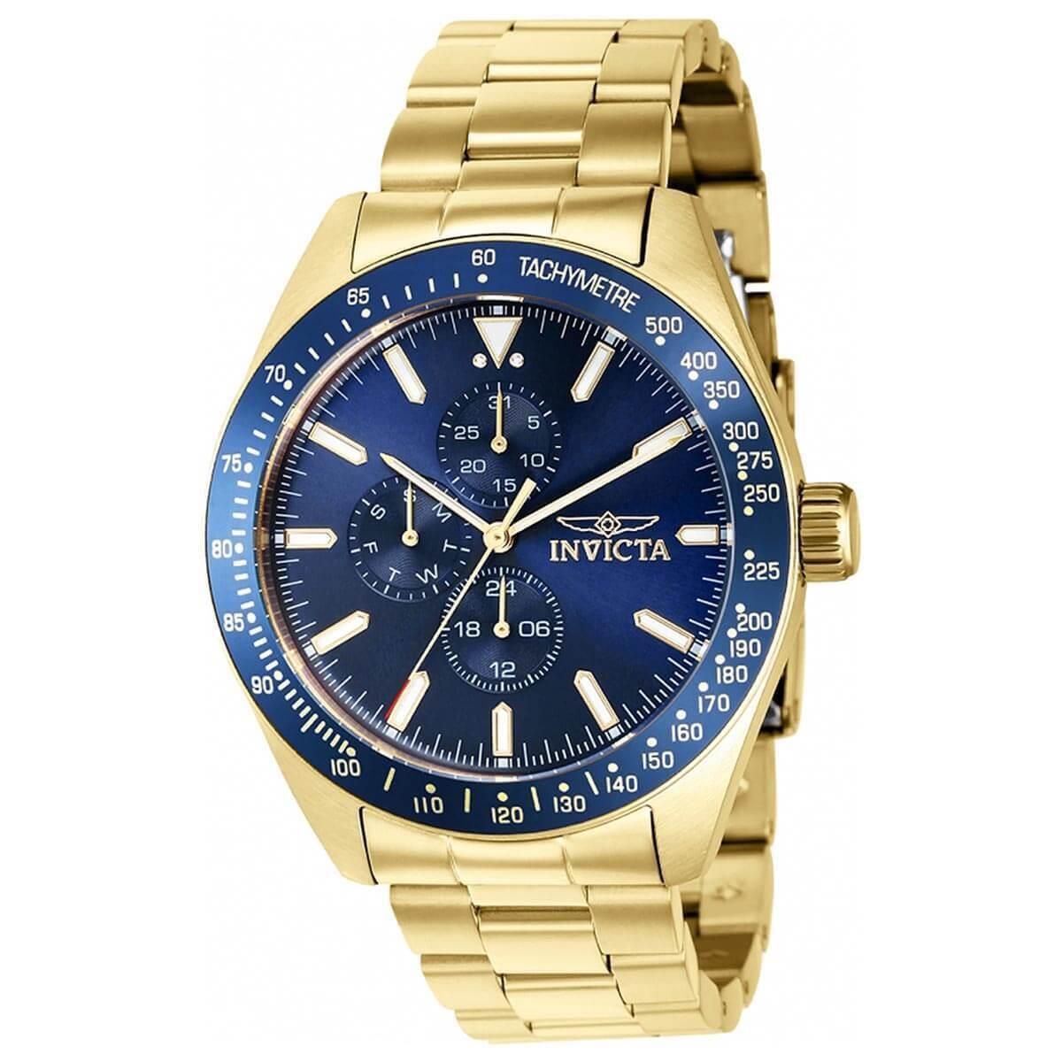 Invicta Men`s Watch Aviator Chronograph Blue Bezel Yellow Gold Bracelet 38967 - Dial: Blue, Band: Yellow