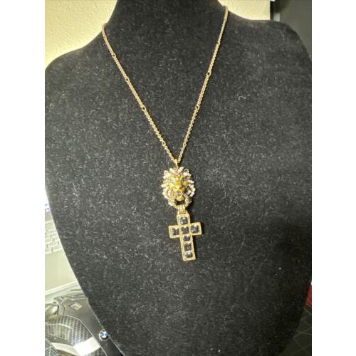 Gucci Jewelry Lion/ Cross Pendant Necklace 24 Brass/ Swarovski Crystals Authnt