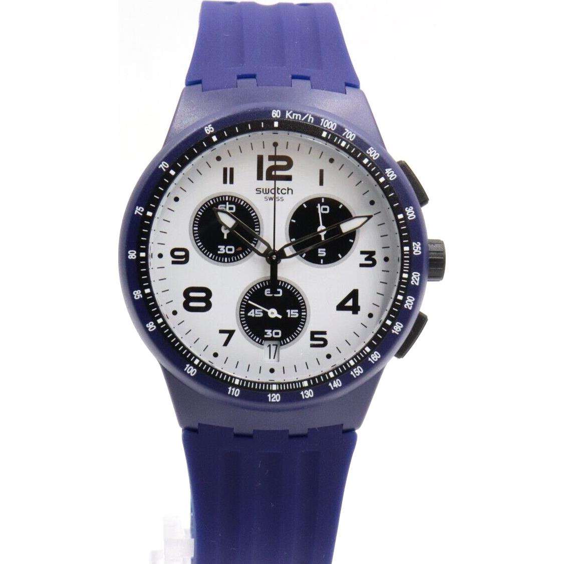 Swiss Swatch Originals Travel Choc Navy Blue Chrono Date Watch 42mm SUSN408