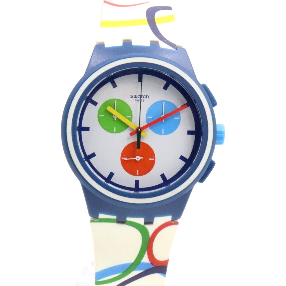 Swiss Swatch Originals Rio All Around Silicone Chrono Watch 42mm SUSN100 - Dial: White, Band: White / multicolor, Bezel: Blue and white
