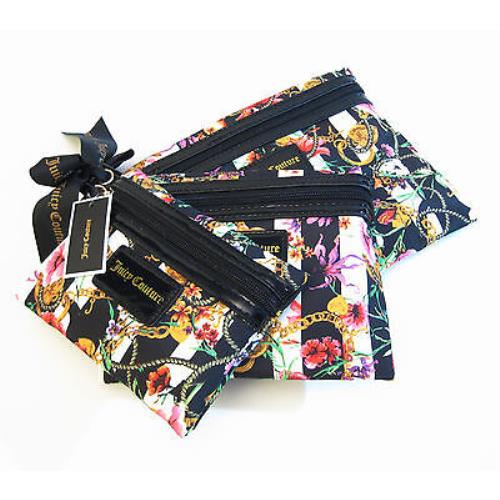 Set/3 Juicy Couture Flat Cosmetic Bags Black Stripe Floral