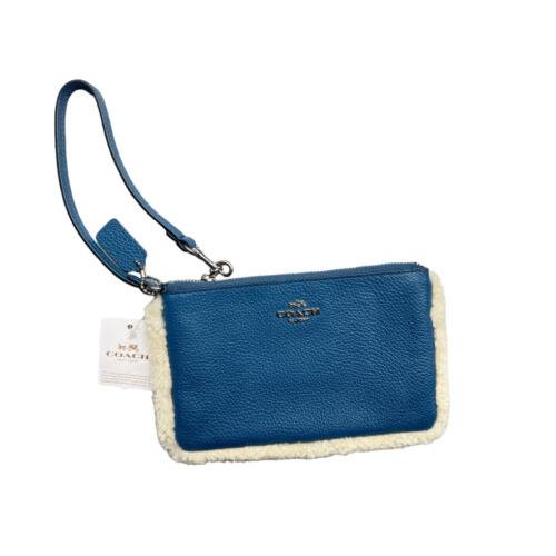 Coach Corner Wristlet Blue Shearling Trim 8 x 5 Pebble Leather Pouch Wallet