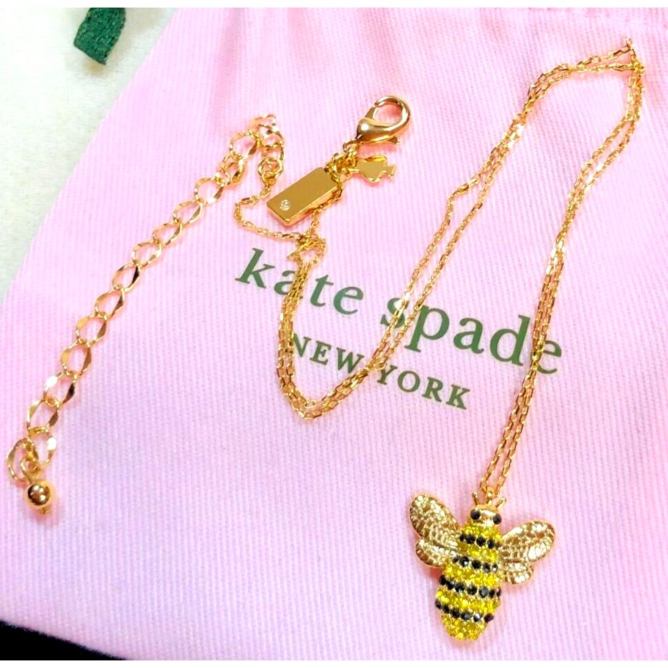 Kate Spade NY Picnic Perfect Bumble Bee Crystal Gold Pendant Necklace Dust Bag