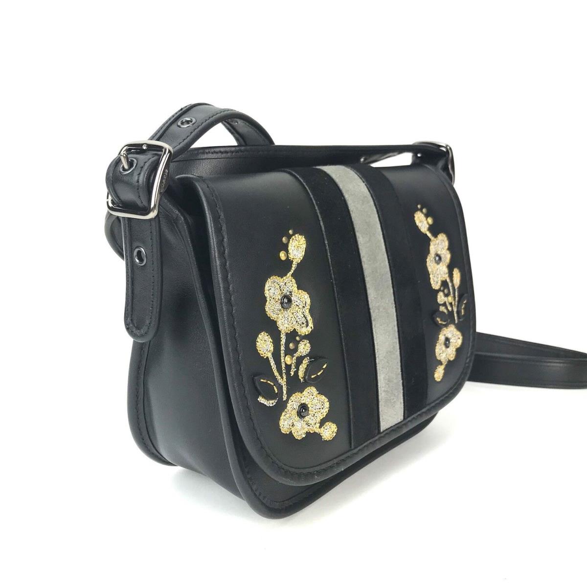 Coach Patricia Saddle Bag 18 Varsity Strip Leather W/floral Embroidery