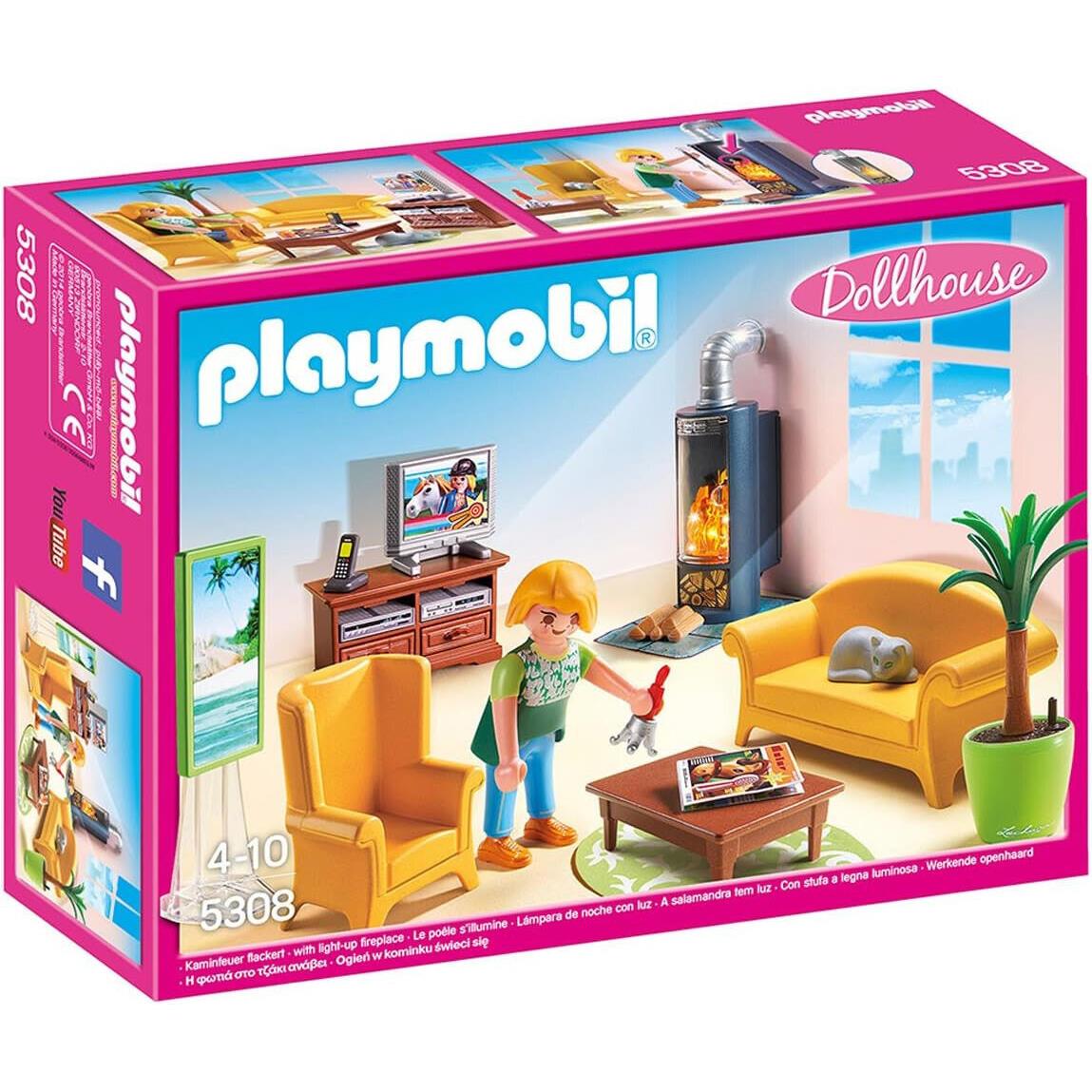 Playmobil 5308 Dollhouse Living Room Fireplace Sofa TV Plant Coffee Table