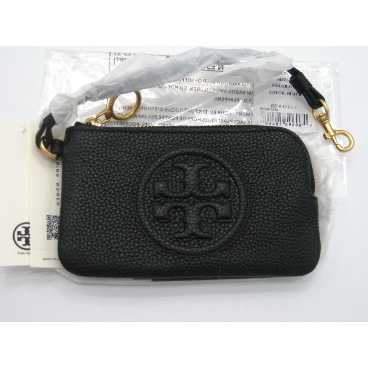 Tory Burch Perry Bombe Top Zip Black Leather Card Case Wristlet