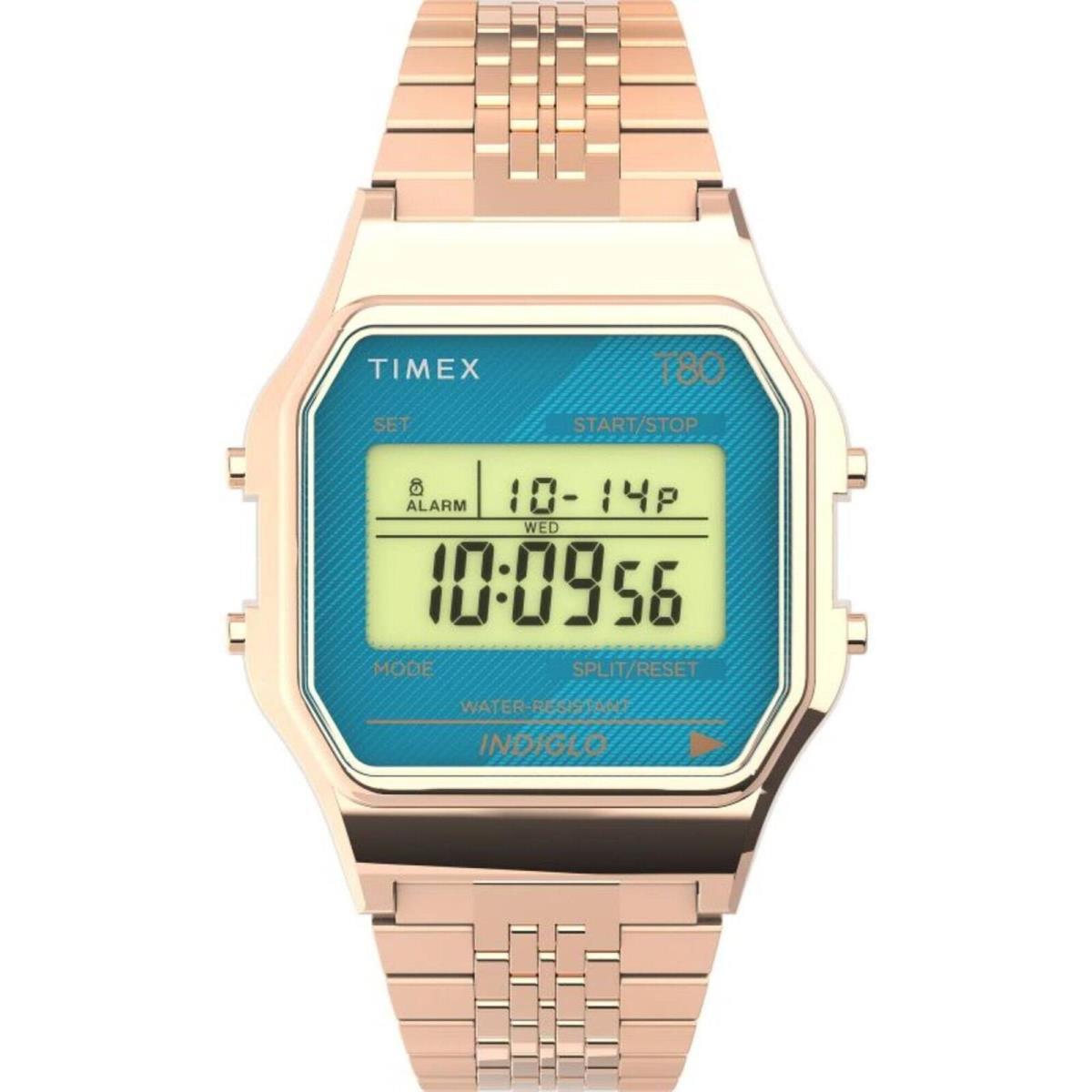 Timex Unisex Watch T80 Blue Digital Dial Rose Gold Tone Bracelet TW2U93600YB