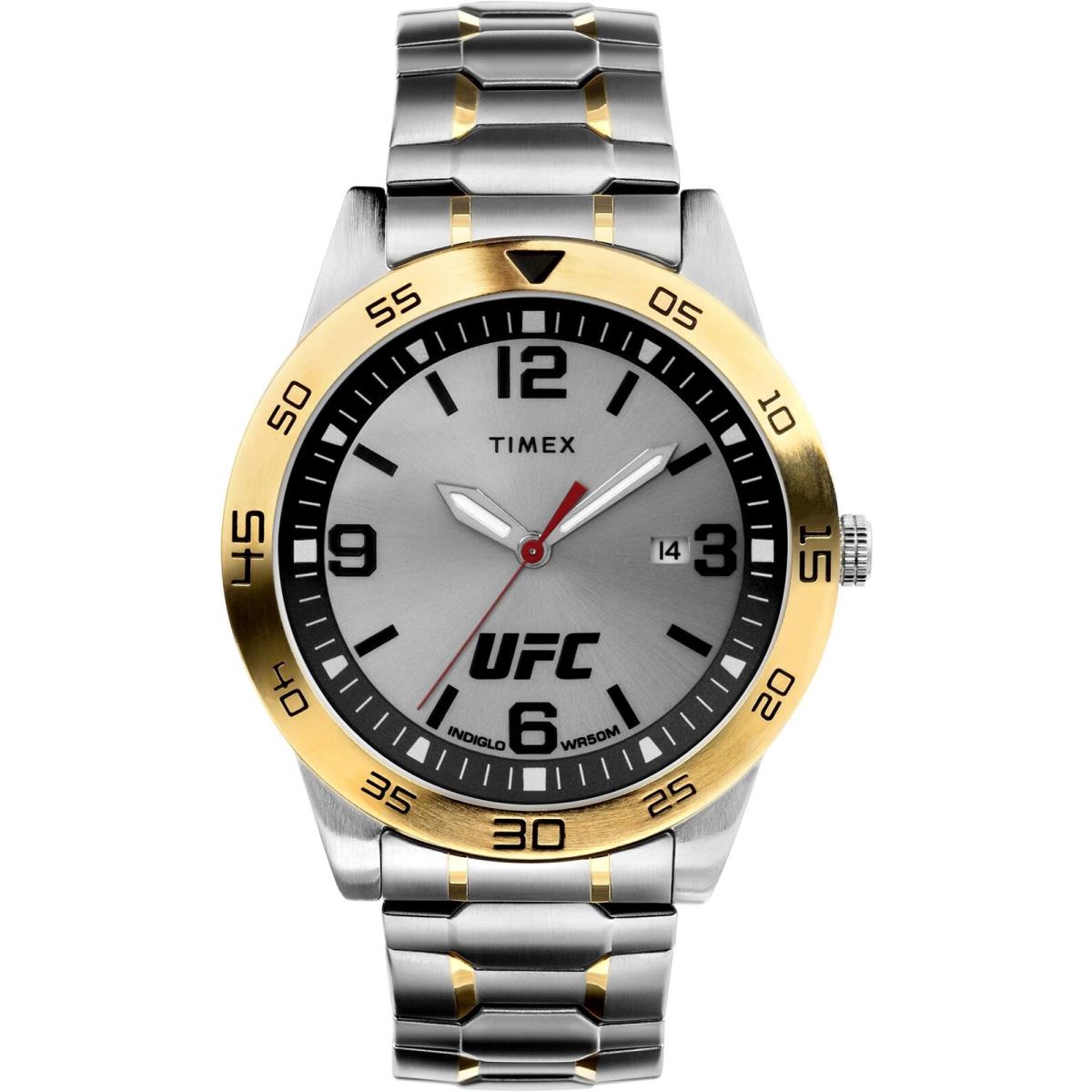 Timex Ufc TW2V56500 Men`s Watch Stainless Steel Band Two-tone Quartz - Dial: Silver, Band: Multicolor, Bezel: Gold