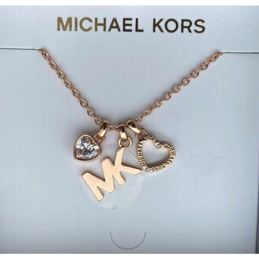Michael Kors Rose Gold Tone Openwork Heart MK Logo 3 Charms Necklace Msrp: Rose gold