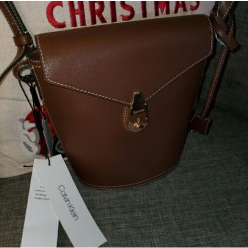 Calvin Klein Push Lock Statement Series Bucket Crossbody Bag Walnut Brown CK