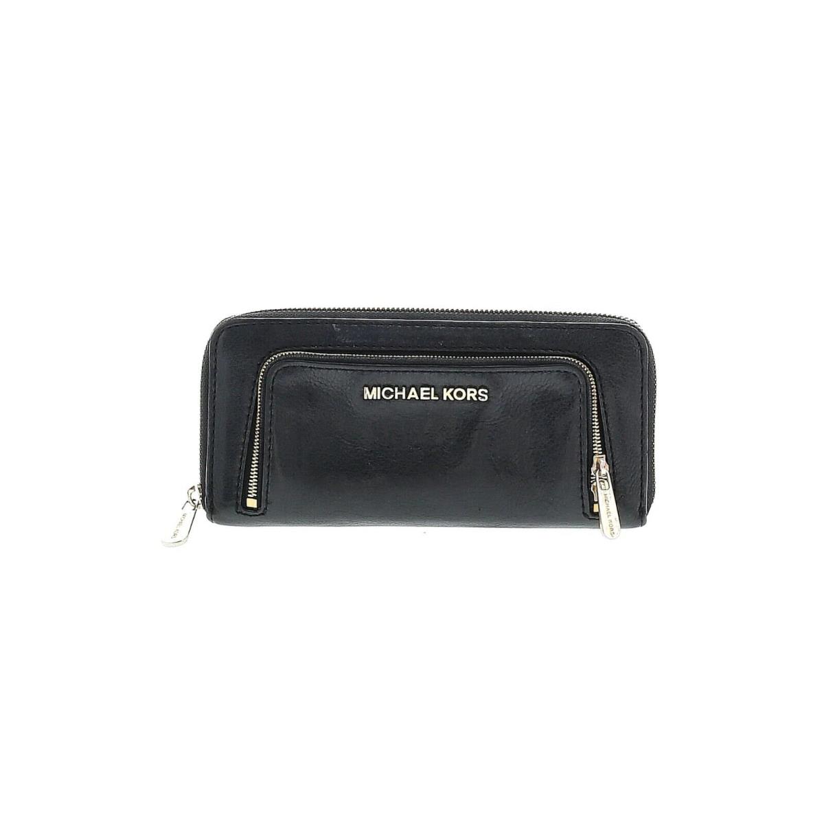 Michael Kors Bedford Deep Black Leather Double Zip Closure Wallet Purse Bag