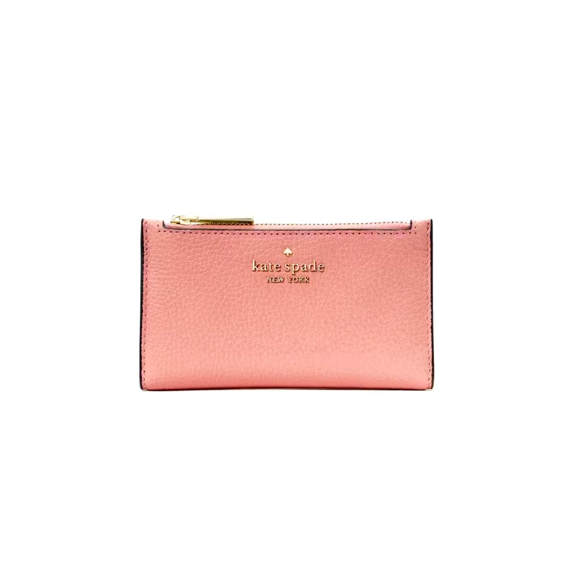 New Kate Spade Leila Small Slim Bifold Wallet Pebble Leather Peachy Rose
