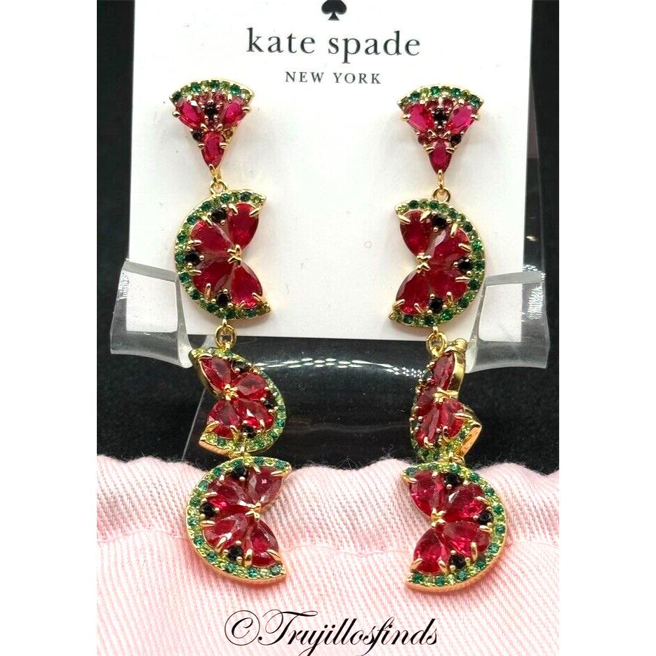 Kate Spade Linear Watermelon Earrings Red Green Cubic Zirconia KC750 New
