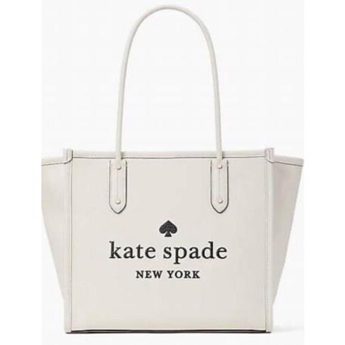 Kate Spade Ella Large White Leather Shoulder Tote Bag w/ Embroidered Black Logo