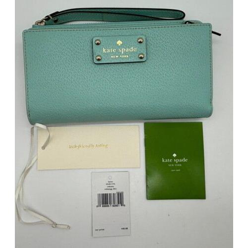 Kate Spade Grand Street Layton Women`s Teal Leather Wallet Wristlet. New