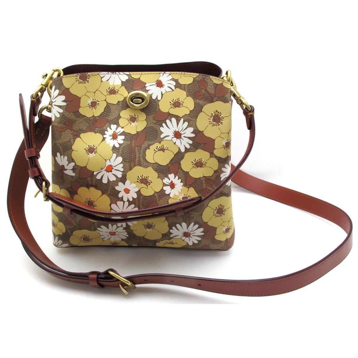 Coach Coated Canvas Floral Print Willow Bucket Leather Tan/rust