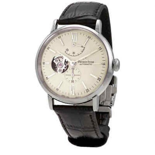 Orient Star Automatic Champagne Dial Men`s Watch RE-AV0002S00B - Dial: Champagne (Open Heart), Band: Black, Bezel: Silver-tone
