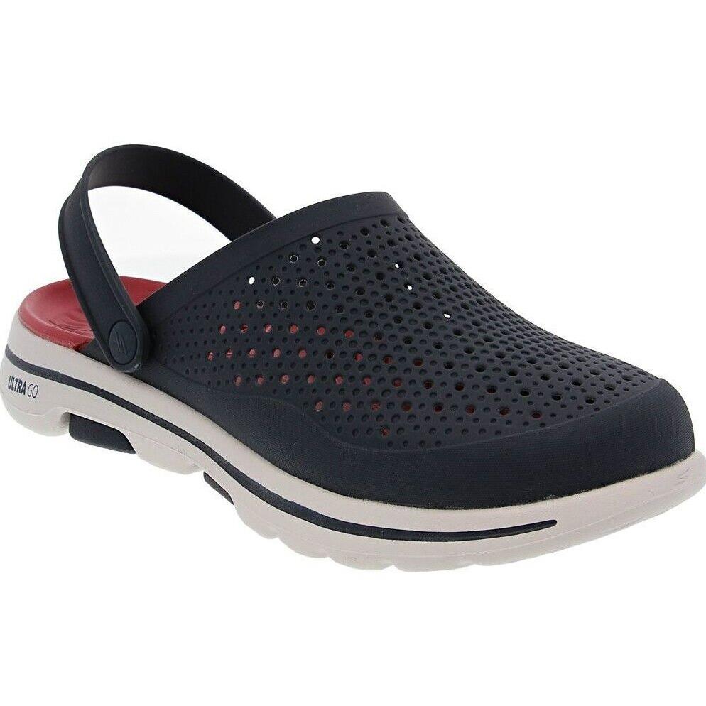 Mens Skechers Foamies GO Walk 5 Astonished Navy Blue Red Sandals Clogs Shoes - Blue
