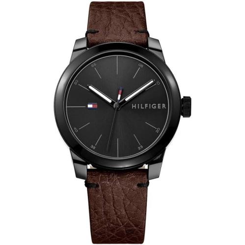Tommy Hilfiger Mens Watch Black Dial Brown Leather Band 1791383