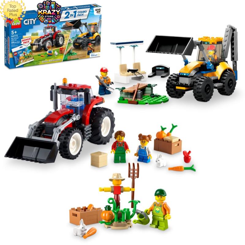 Lego City Construction Combo Tractor Digger Farm Garden Scarecrow Gift Set - P