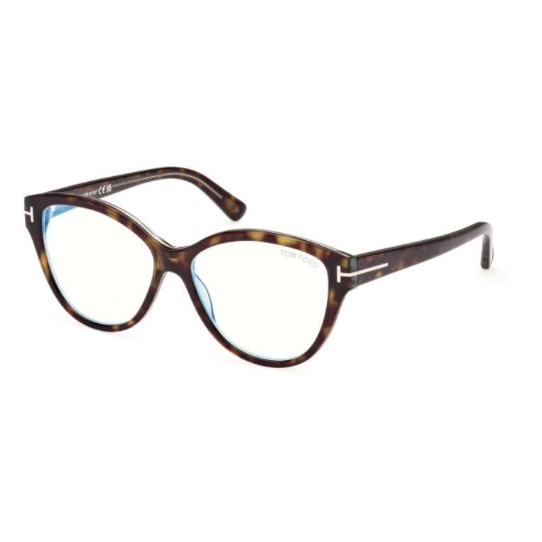 Tom Ford FT5954-B 055 Dark Havana/blue Block Lenses Cat-eye Women`s Eyeglasses