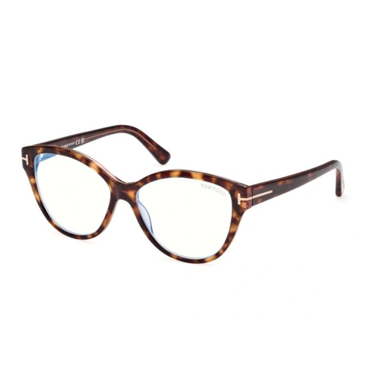 Tom Ford FT5954-B 056 Light Havana/blue Block Lenses Cat-eye Women`s Eyeglasses