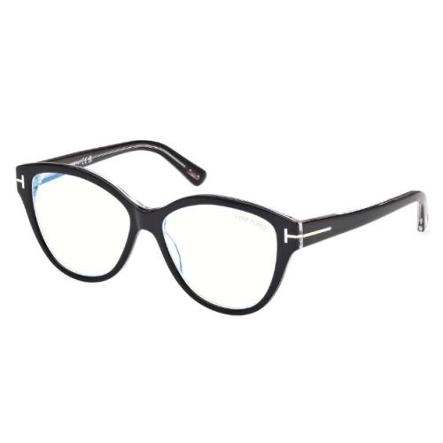 Tom Ford FT5954-B 003 Black Crystal/blue Block Lenses Cat-eye Women`s Eyeglasses