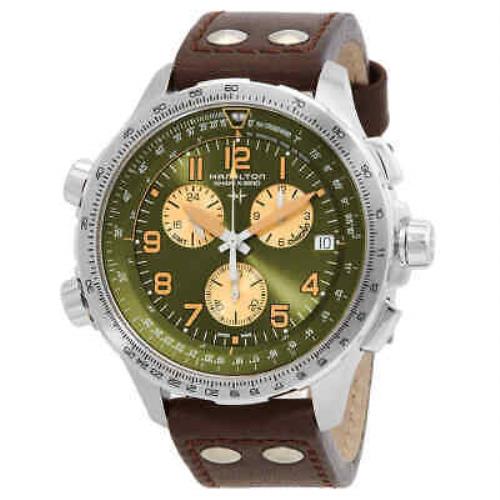Hamilton Khaki Aviation Chronograph Quartz Green Dial Men`s Watch H77932560 - Dial: Green, Band: Brown, Bezel: Silver