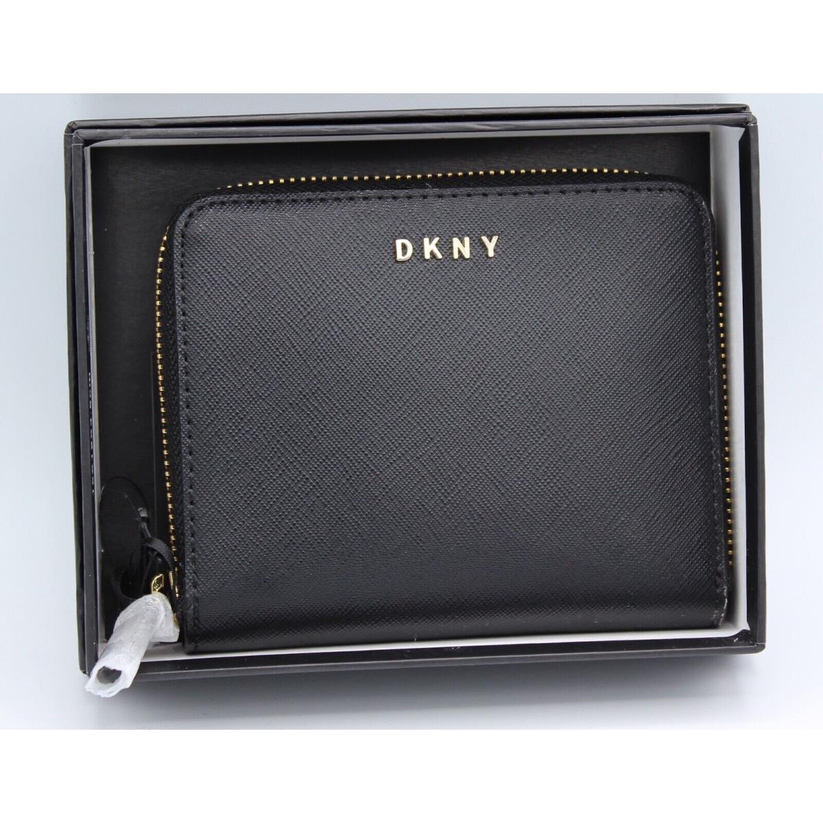 Dkny Bryant Small Zip Around Black Saffiano Leather Womens Wallet