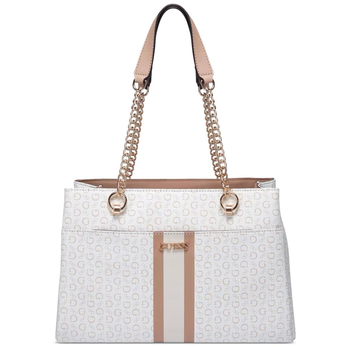 Guess Women`s Logo Chain Handle Large Tote Bag Satchel Handbag - White Multi