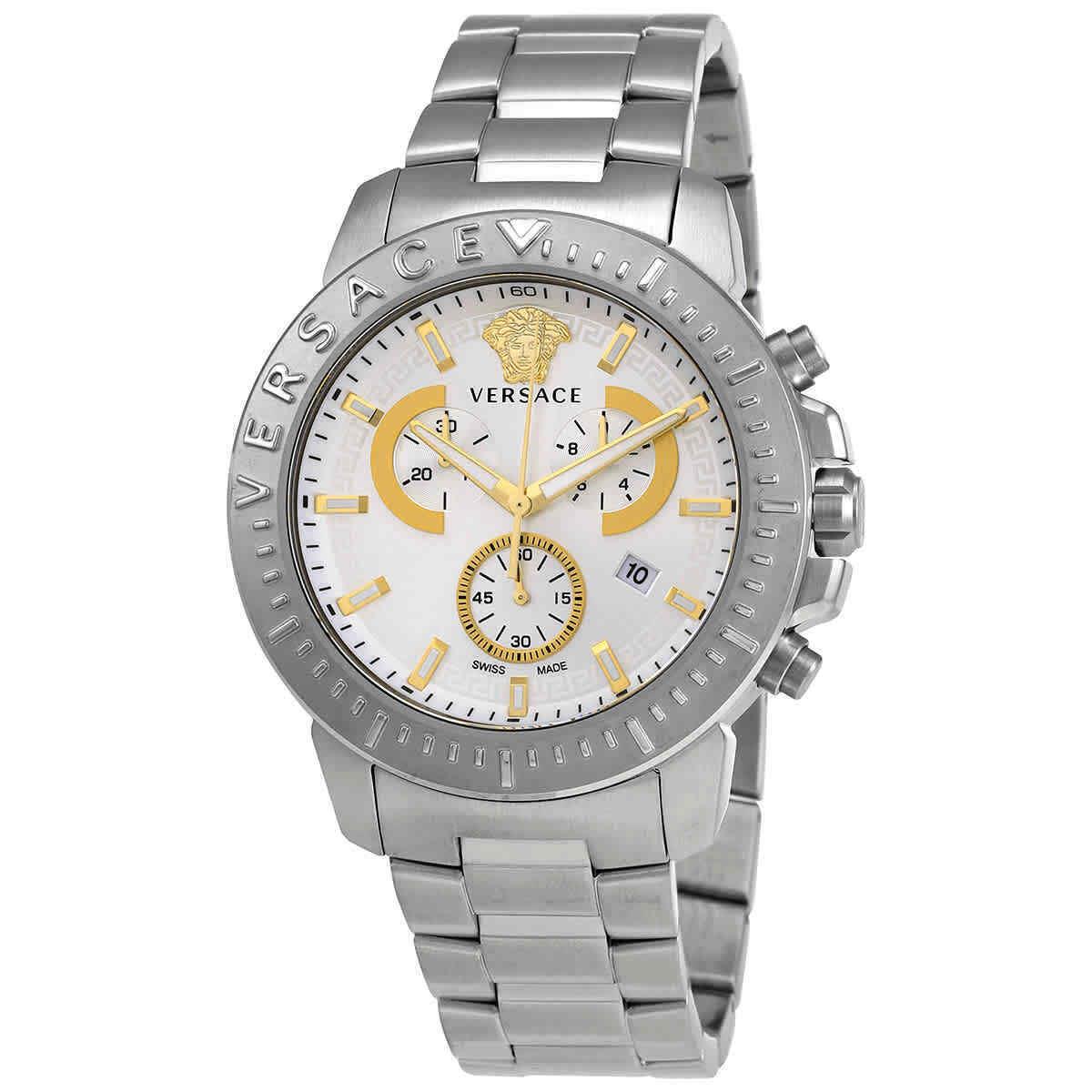 Versace Chronograph Quartz Silver Dial Men`s Watch VE2E00321 - Dial: Silver Sunray, Band: Silver-tone, Bezel: Silver-tone