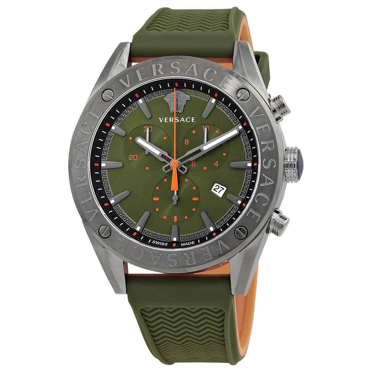 Versace V-chrono Quartz Green Dial Men`s Watch VEHB00319 - Dial: Green, Band: Green, Bezel: Grey-plated