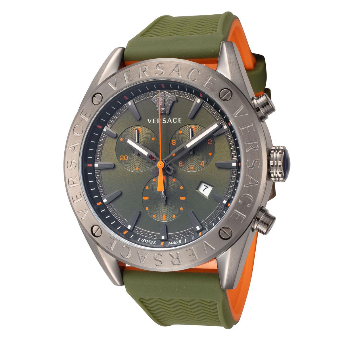 Versace Men`s V-chrono 45mm Quartz Watch VEHB00319 - Dial: Green, Band: Green, Other Dial: Green