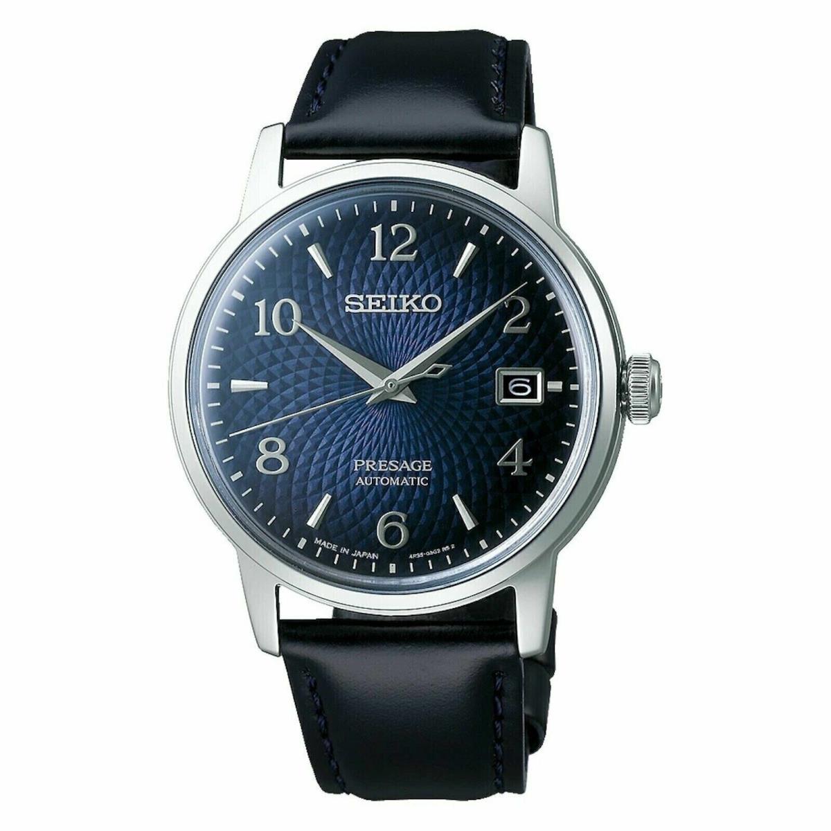 Seiko Men`s Presage Automatic Blue Dial Leather Strap Watch SRPE43