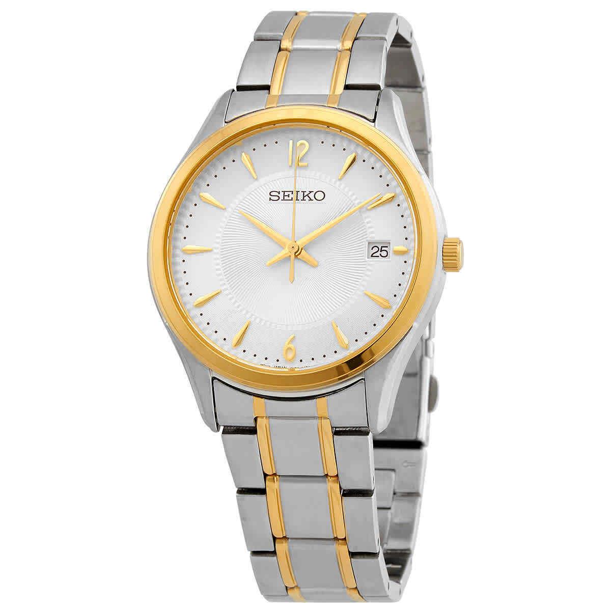 Seiko Sapphire Quartz Silver Dial Men`s Watch SUR468P1 - Dial: Silver, Band: Silver, Gold, Bezel: Gold