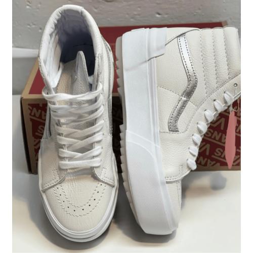 Vans Sneakers Platform Women Size 10 White Leather Silver Stripe High Top