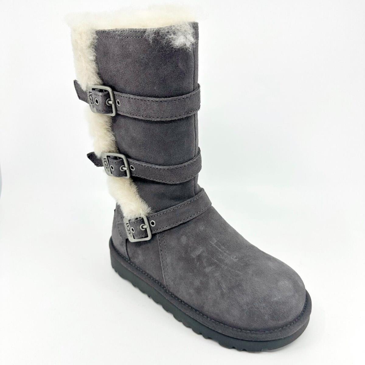 Ugg Maddi Charcoal Gray Kids Girls Buckle Suede Shearling Boots 1001520 Chrc