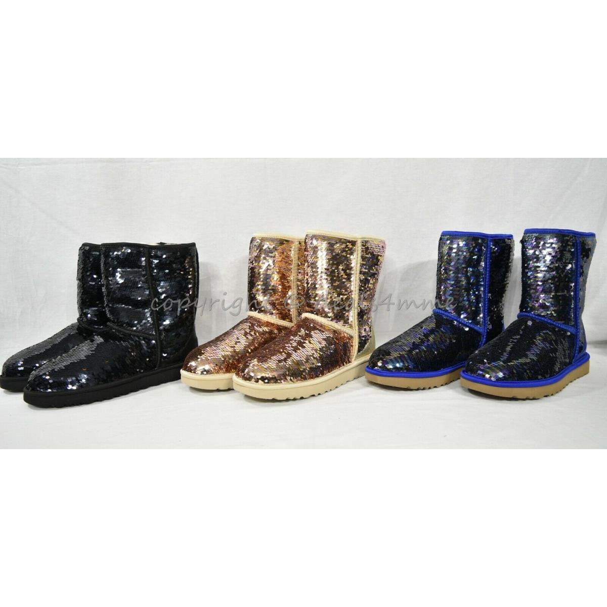 Ugg Classic Short Sequin Boots US Women`s Size 7M / 8M or 9M. Black / Navy /gold