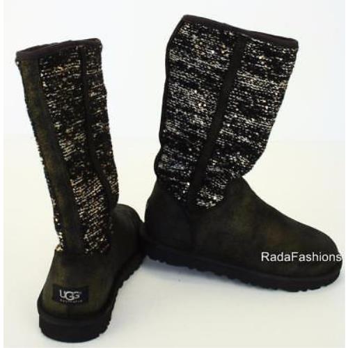 Ugg Australia Tall Boots Camaya Glitter Suede Winter Sequin Fur Sheepsk