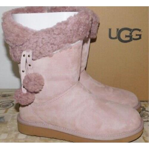 Womens SZ 5 Dusk Pink Ugg Plumdale Cuff Short Suede Sheepskin Boots 1102933