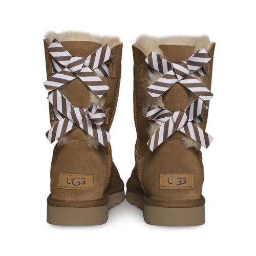 Ugg Bailey Bow II Diagonal Stripes Chestnut Suede Sheepskin Women`s Boots Size 7