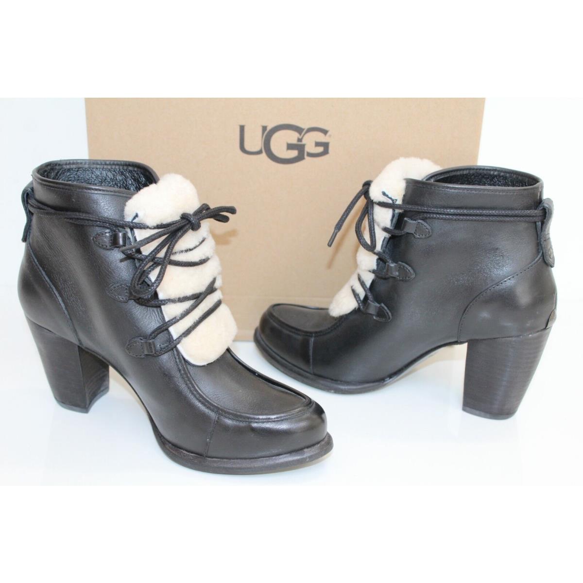 Ugg Australia 1013676 BK 6 W Analise Expos Heel Leather Sheepskin Boot Black 6