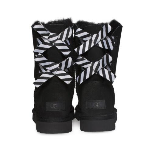 Ugg Bailey Bow II Diagonal Stripes Black Suede Sheepskin Womens Boots Size 7