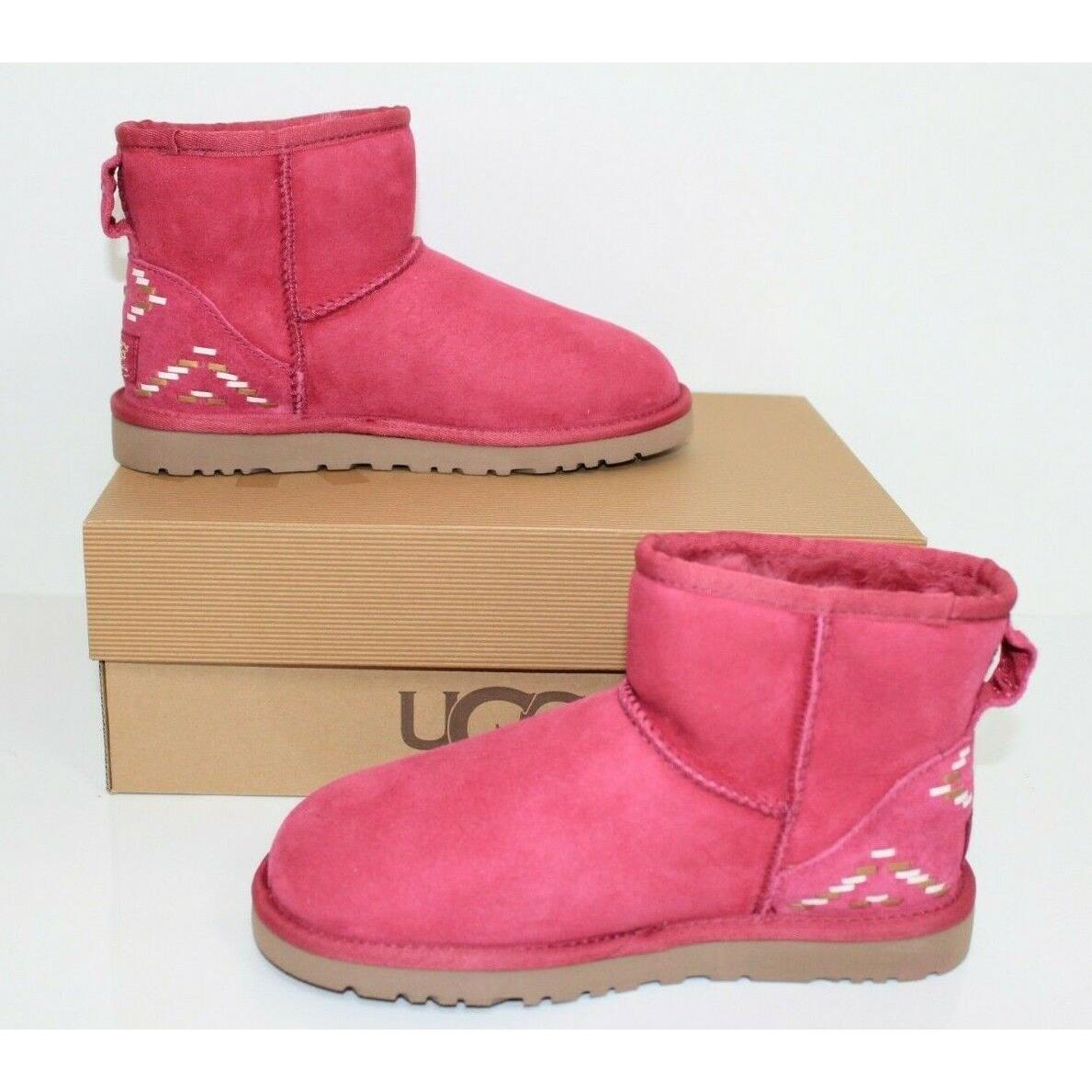 Ugg Australia 1009265 Women Classic Mini Rustic Sheepskin Boots Red Violet 5