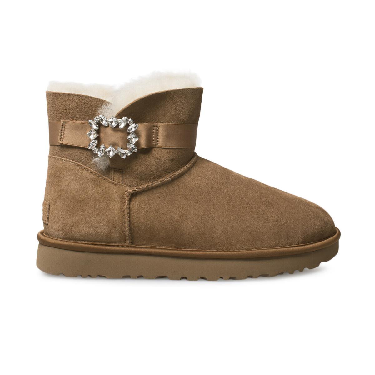 Ugg Mini Side Brooch Chestnut Suede Sheepskin Crystal Women`s Boots Size US 10