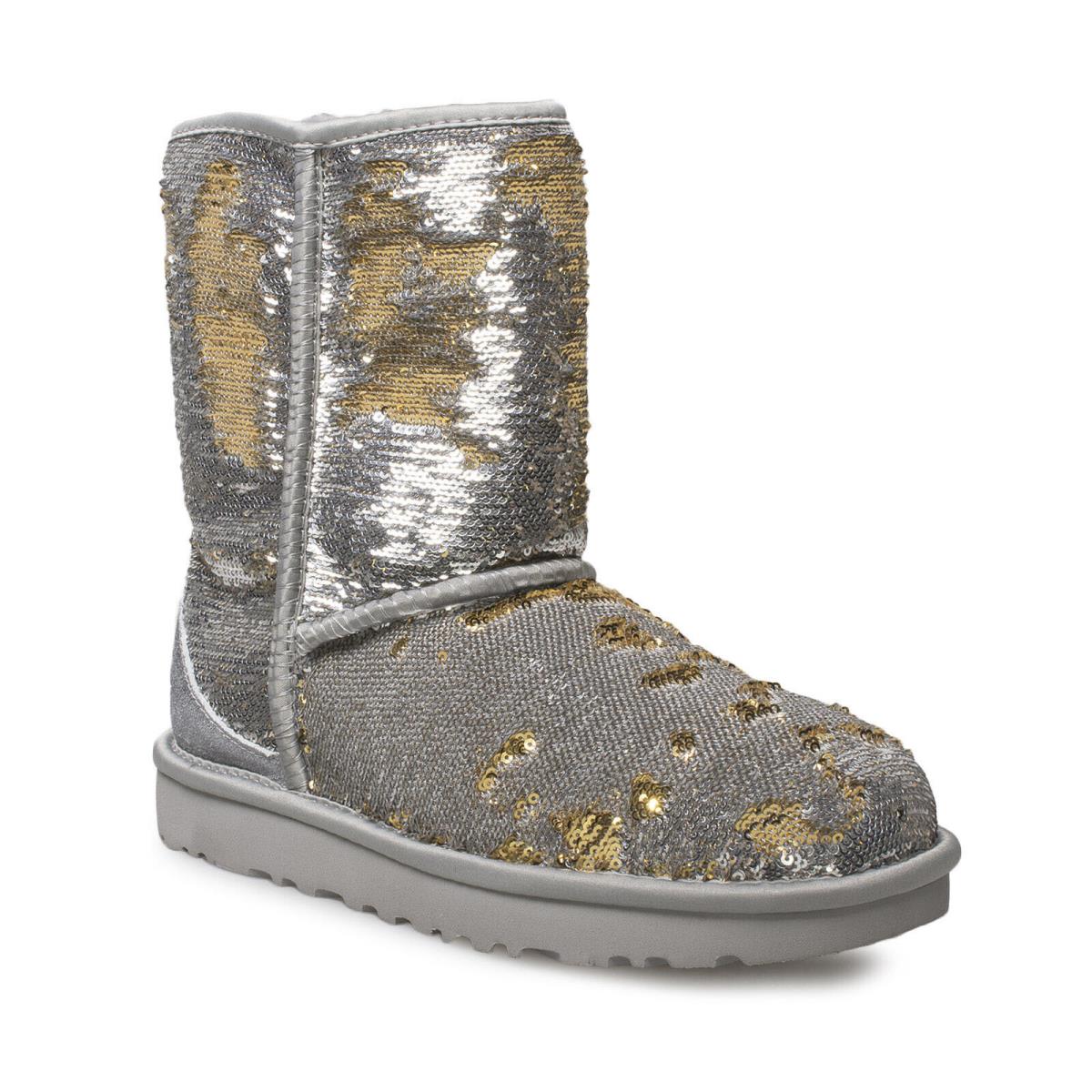 Ugg Classic Short Cosmos Sequin Silver Gold Leather Women`s Boots Size US 6